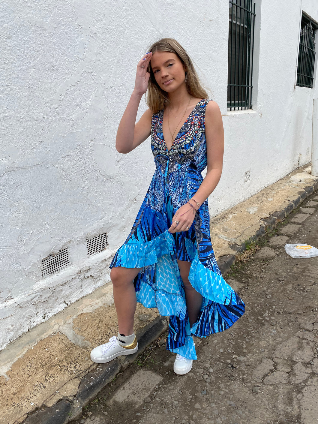 Blue Feather Frill Dress